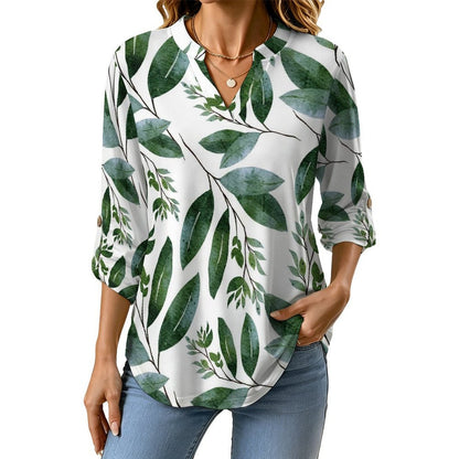 Stand-up Collar Long-sleeved Shirt Plant Pattern Green  Customization Women’s V-Neck Blouses,long Sleeve,Roll-Up Sleeve Shirt