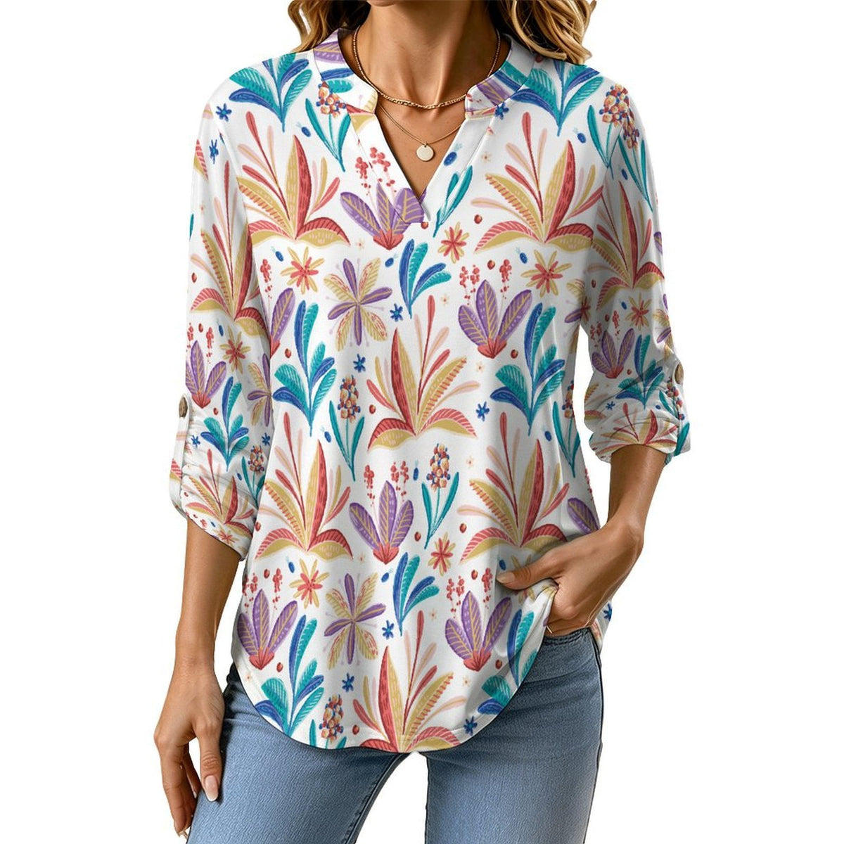 Stand-up Collar Long-sleeved Shirt Repeat Patterned Flower Plants  Customization Women’s V-Neck Blouses,long Sleeve,Roll-Up Sleeve Shirt