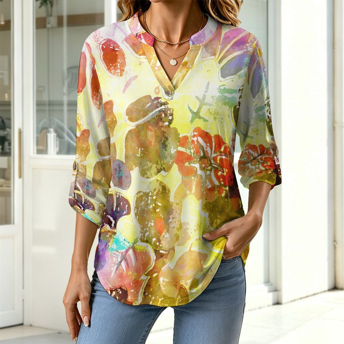 Stand-up Collar Long-sleeved Shirt Color Liquid Painting  Customization Women’s V-Neck Blouses,long Sleeve,Roll-Up Sleeve Shirt