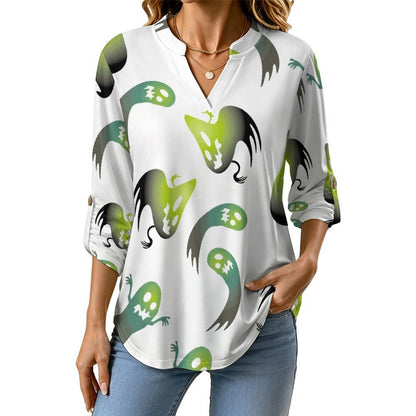 Women's Notched V Neck Tunic Tops, Roll Up 3/4 Sleeve Button Cuff Casual Blouse, Hem Loose Work Shirts  The Ghost Repeats A Pattern of Gradient Green