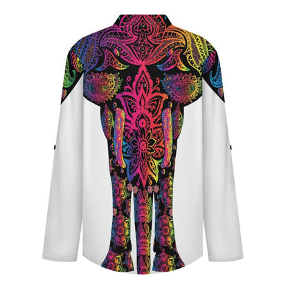 Stand-up Collar Long-sleeved Shirt Vintage Lines, Elephants  Customization Women’s V-Neck Blouses,long Sleeve,Roll-Up Sleeve Shirt