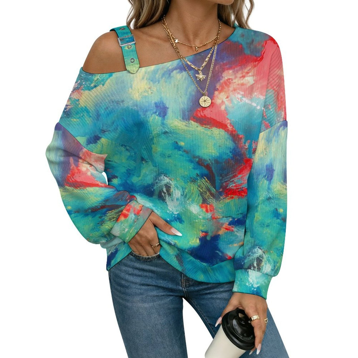 Off-the-shoulder Sweater Pattern  Asymmetric Cold Shoulder Knit Sweater for Women, Adjustable Buckle Strap Long Sleeve Casual Slouchy Pullover