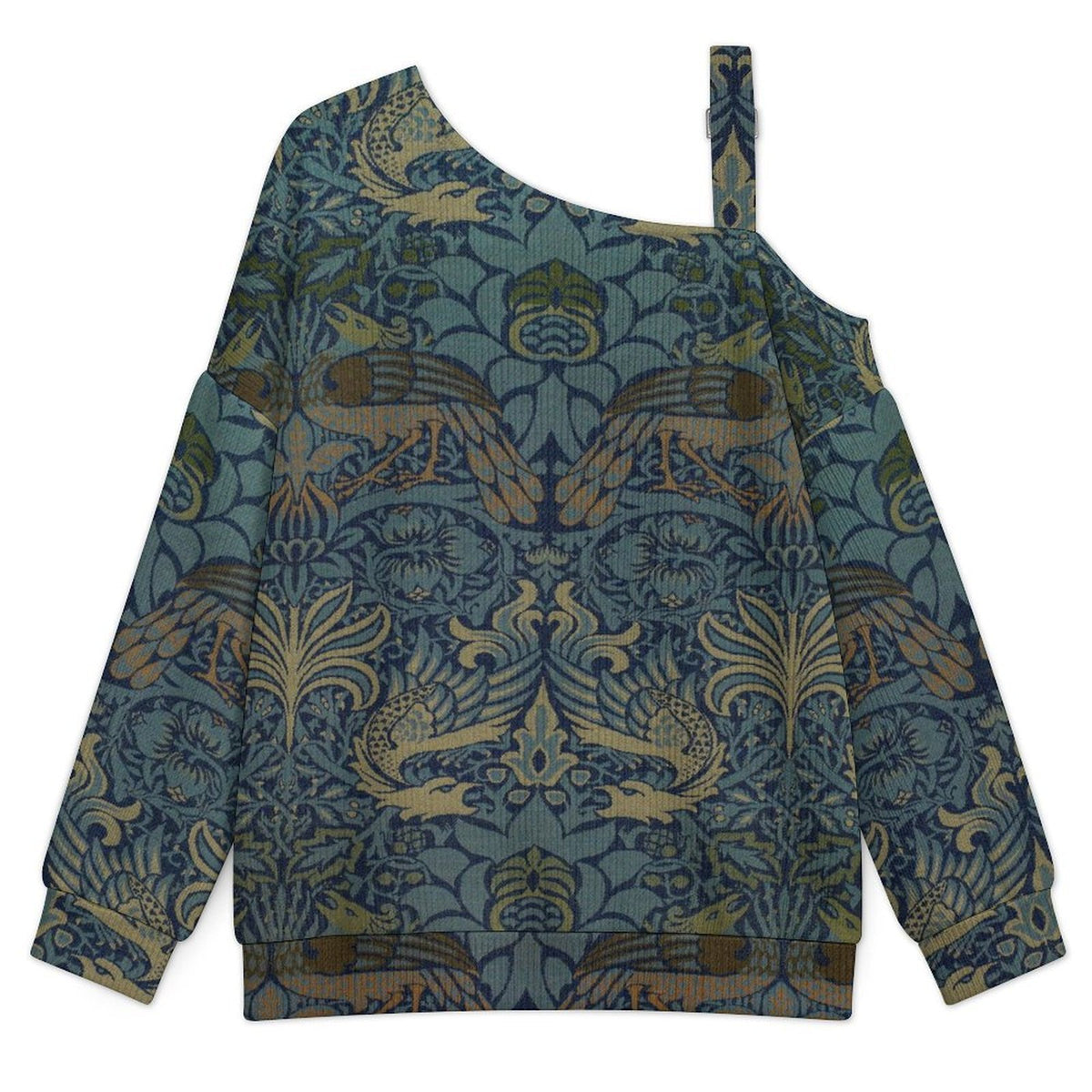 Off-the-shoulder Sweater Chinese Patterns  Asymmetric Cold Shoulder Knit Sweater for Women, Adjustable Buckle Strap Long Sleeve Casual Slouchy Pullover