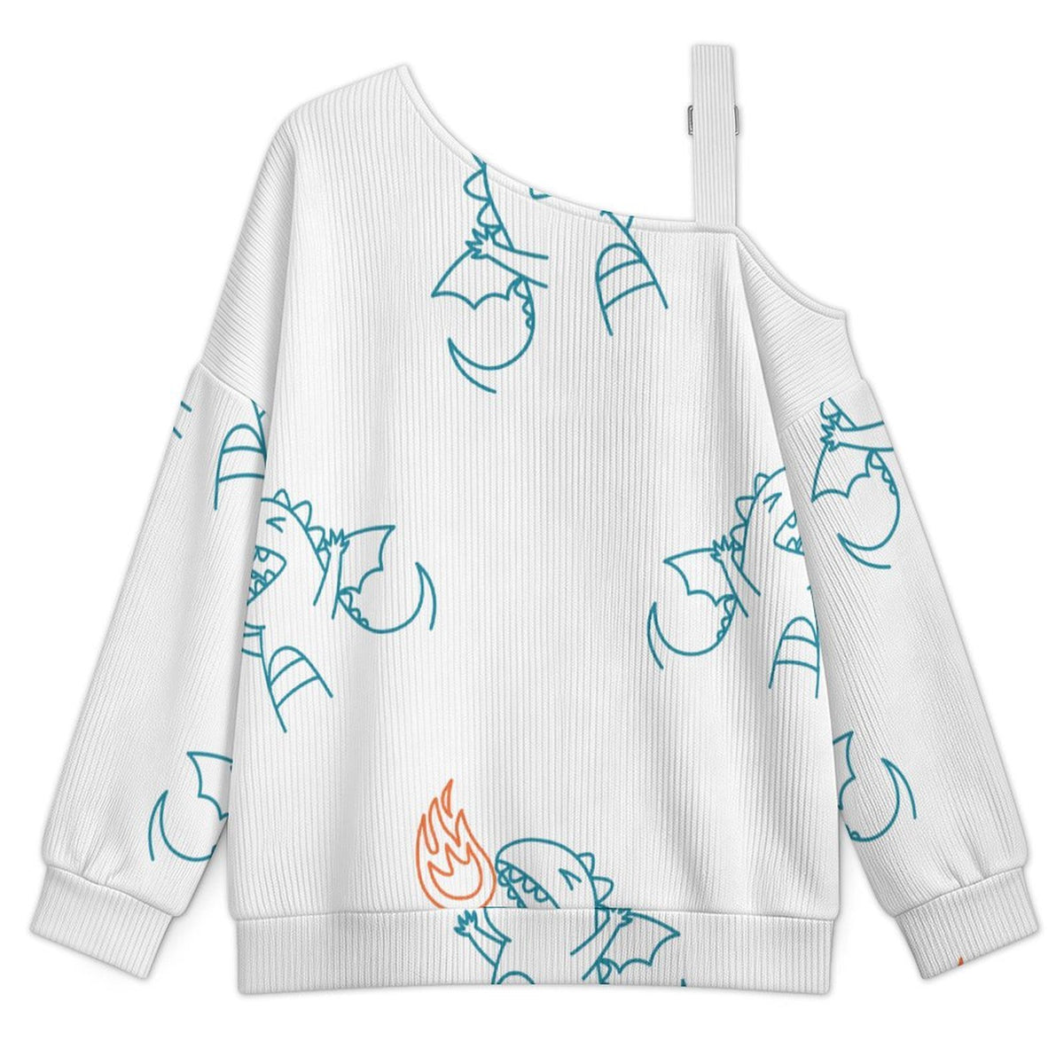 Off-the-shoulder Sweater Fire Breathing Little Monster Tile Decorative Pattern  Asymmetric Cold Shoulder Knit Sweater for Women, Adjustable Buckle Strap Long Sleeve Casual Slouchy Pullover