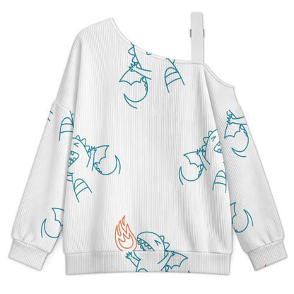Off-the-shoulder Sweater Fire Breathing Little Monster Tile Decorative Pattern  Asymmetric Cold Shoulder Knit Sweater for Women, Adjustable Buckle Strap Long Sleeve Casual Slouchy Pullover