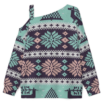 Off-the-shoulder Sweater European Retro Pattern  Asymmetric Cold Shoulder Knit Sweater for Women, Adjustable Buckle Strap Long Sleeve Casual Slouchy Pullover