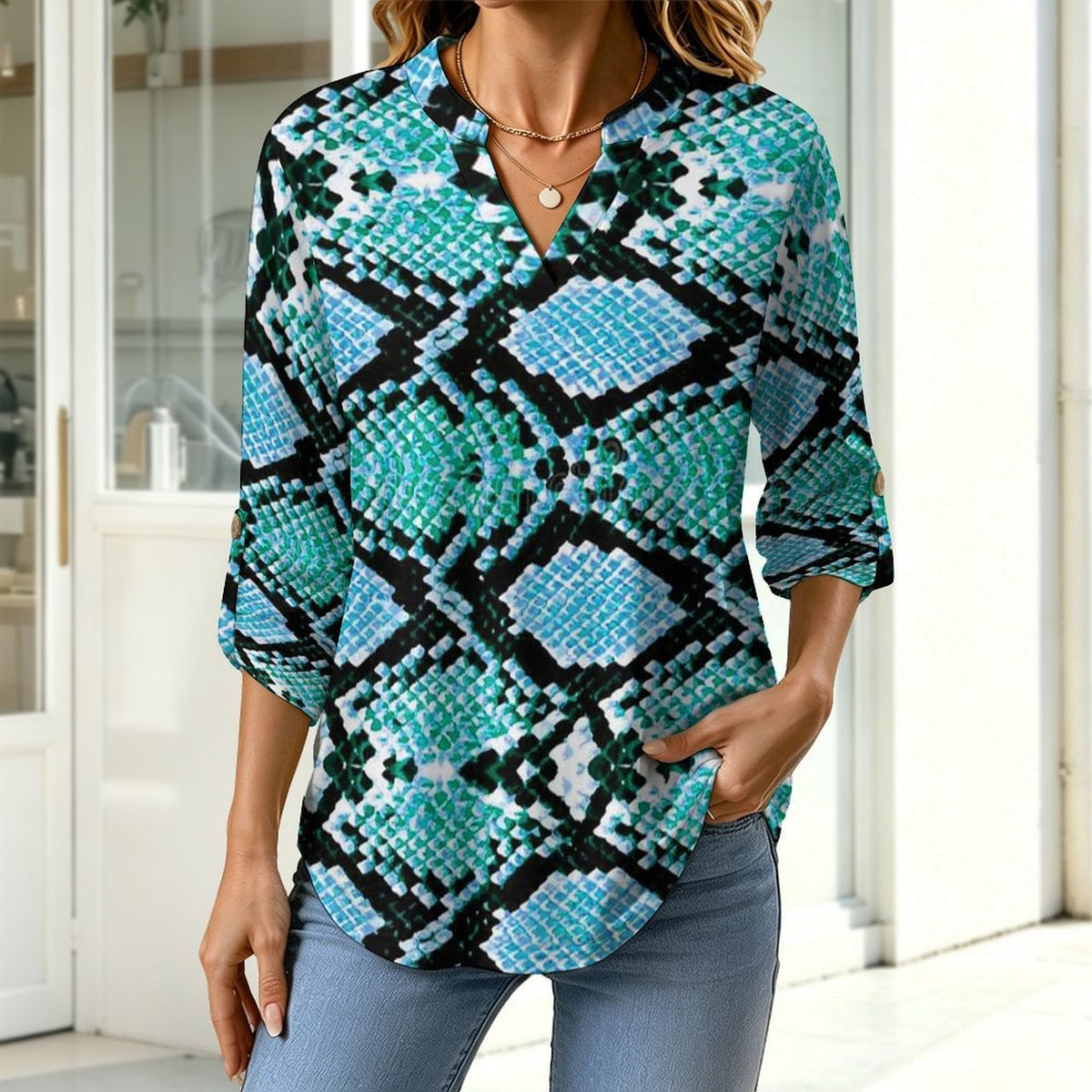 Stand-up Collar Long-sleeved Shirt Snake Skin  Customization Women’s V-Neck Blouses,long Sleeve,Roll-Up Sleeve Shirt