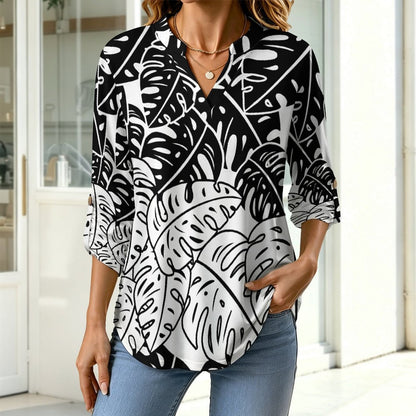 Stand-up Collar Long-sleeved Shirt Leaves, Black, Repeating Pattern  Customization Women’s V-Neck Blouses,long Sleeve,Roll-Up Sleeve Shirt