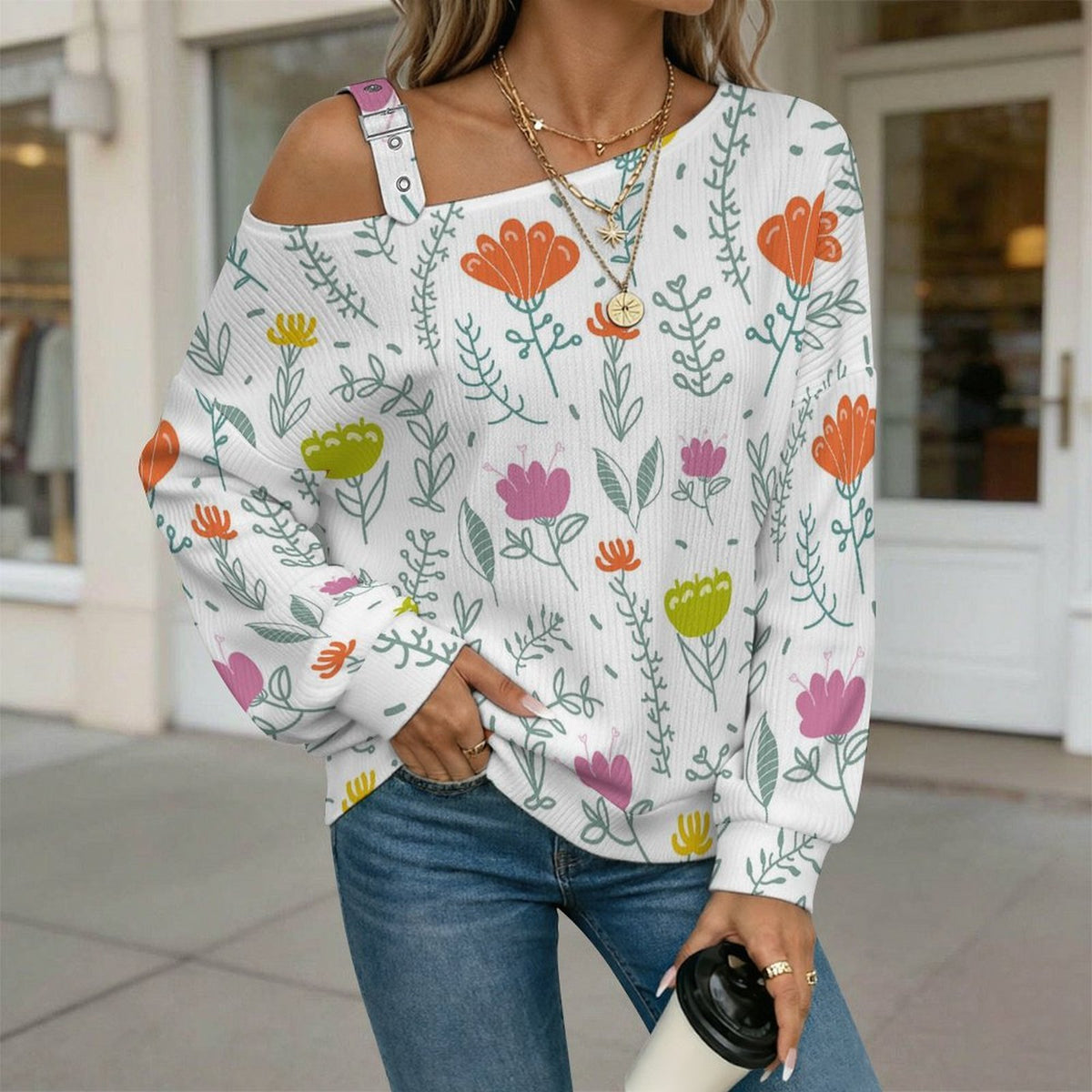 Off-the-shoulder Sweater Floral Pattern  Asymmetric Cold Shoulder Knit Sweater for Women, Adjustable Buckle Strap Long Sleeve Casual Slouchy Pullover