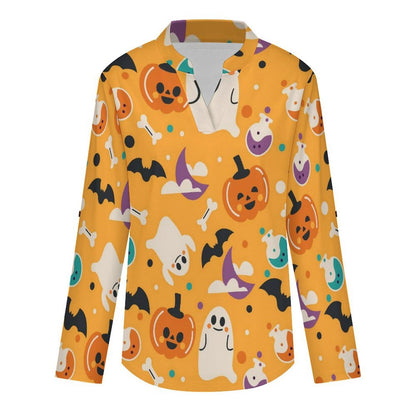 Stand-up Collar Long-sleeved Shirt Yellow, Halloween, Ghost  Customization Women’s V-Neck Blouses,long Sleeve,Roll-Up Sleeve Shirt