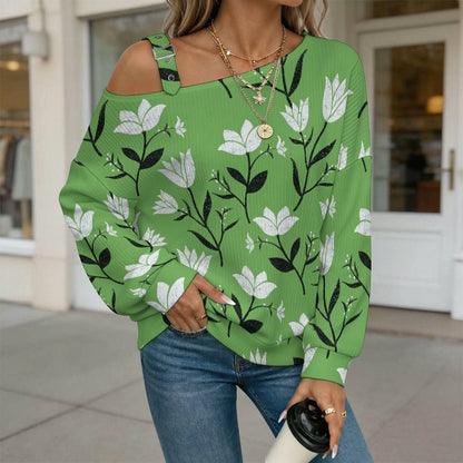 Off-the-shoulder Sweater Green  Flower  Asymmetric Cold Shoulder Knit Sweater for Women, Adjustable Buckle Strap Long Sleeve Casual Slouchy Pullover