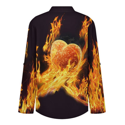 Stand-up Collar Long-sleeved Shirt Flame Heart  Customization Women’s V-Neck Blouses,long Sleeve,Roll-Up Sleeve Shirt