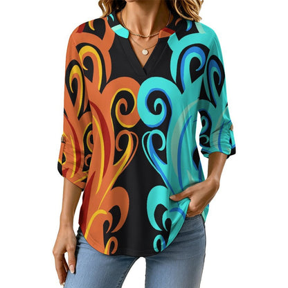 Stand-up Collar Long-sleeved Shirt Flame, Two-color  Customization Women’s V-Neck Blouses,long Sleeve,Roll-Up Sleeve Shirt