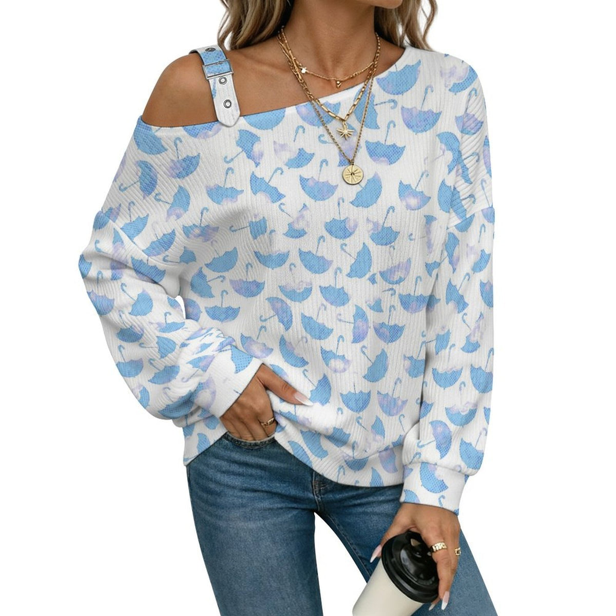 Off-the-shoulder Sweater Blue And White Umbrella  Asymmetric Cold Shoulder Knit Sweater for Women, Adjustable Buckle Strap Long Sleeve Casual Slouchy Pullover
