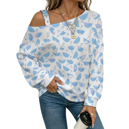 Off-the-shoulder Sweater Blue And White Umbrella  Asymmetric Cold Shoulder Knit Sweater for Women, Adjustable Buckle Strap Long Sleeve Casual Slouchy Pullover