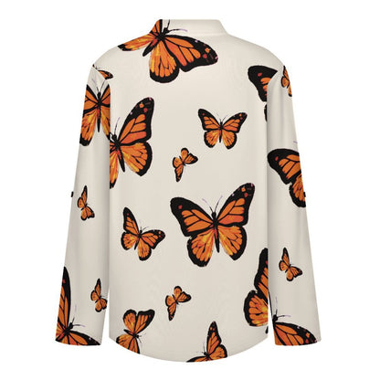 Stand-up Collar Long-sleeved Shirt Butterfly Orange Patterned Women's Dress  Customization Women’s V-Neck Blouses,long Sleeve,Roll-Up Sleeve Shirt