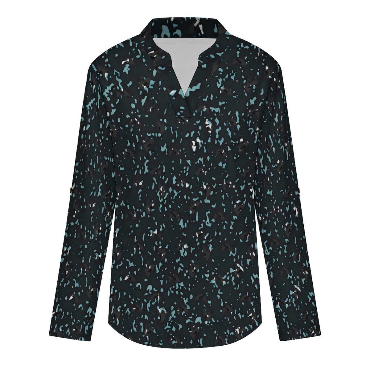 Stand-up Collar Long-sleeved Shirt Plant Bird Leaves  Women’s V-Neck Blouses