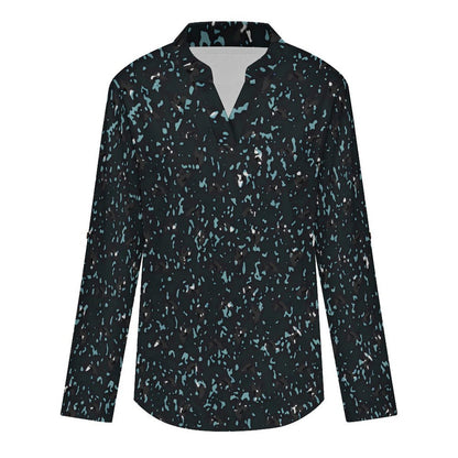 Stand-up Collar Long-sleeved Shirt Plant Bird Leaves  Women’s V-Neck Blouses