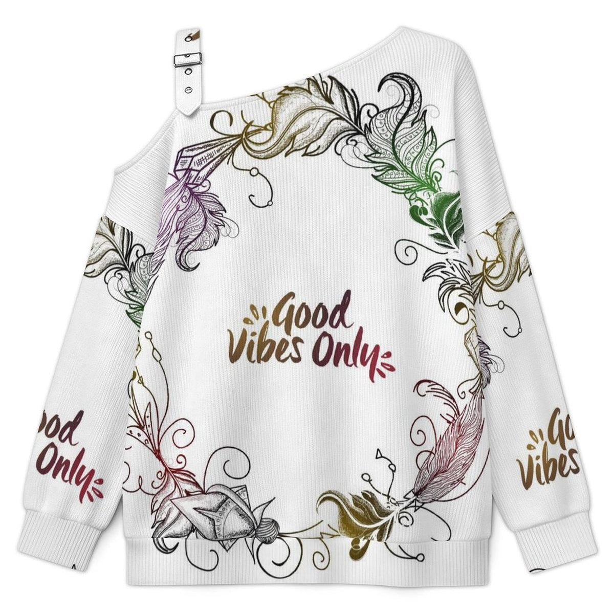 Off-the-shoulder Sweater Good Vibes Only  Asymmetric Cold Shoulder Knit Sweater for Women, Adjustable Buckle Strap Long Sleeve Casual Slouchy Pullover