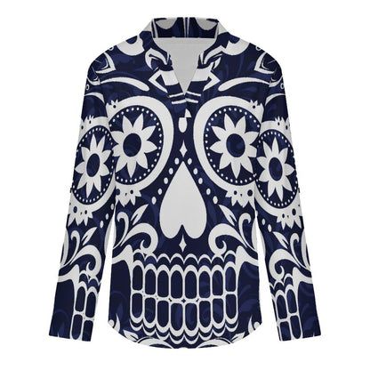 Stand-up Collar Long-sleeved Shirt Skul,folk-customl  Customization Women’s V-Neck Blouses,long Sleeve,Roll-Up Sleeve Shirt