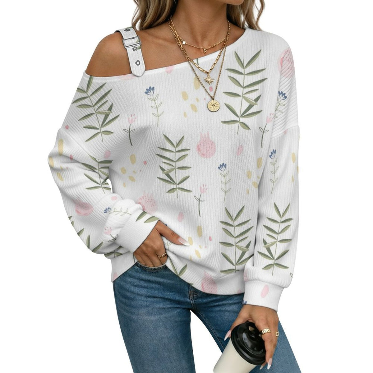 Off-the-shoulder Sweater Flowers Background  Asymmetric Cold Shoulder Knit Sweater for Women, Adjustable Buckle Strap Long Sleeve Casual Slouchy Pullover