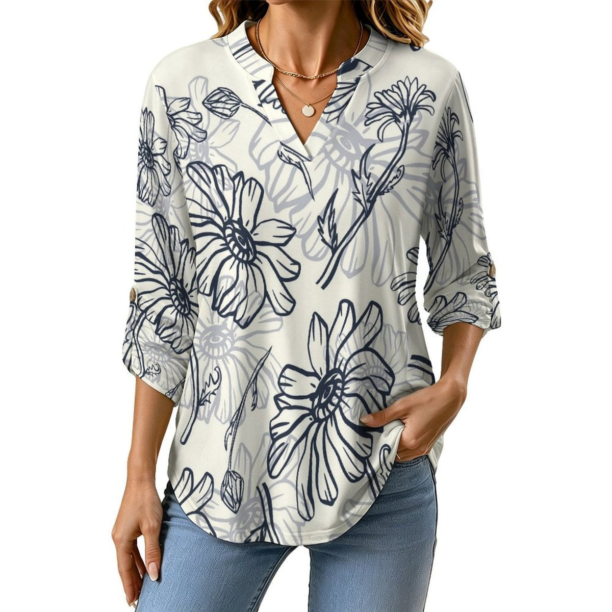 Stand-up Collar Long-sleeved Shirt Pattern, Ink  Customization Women’s V-Neck Blouses,long Sleeve,Roll-Up Sleeve Shirt