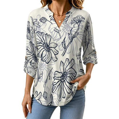 Stand-up Collar Long-sleeved Shirt Pattern, Ink  Customization Women’s V-Neck Blouses,long Sleeve,Roll-Up Sleeve Shirt