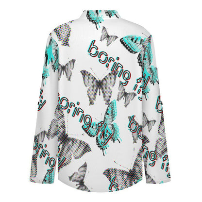 Stand-up Collar Long-sleeved Shirt Fantasy World of Butterflies  Customization Women’s V-Neck Blouses,long Sleeve,Roll-Up Sleeve Shirt