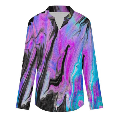 Stand-up Collar Long-sleeved Shirt Flowing Sci-fi Liquid Dazzle white S Women’s V-Neck Blouses