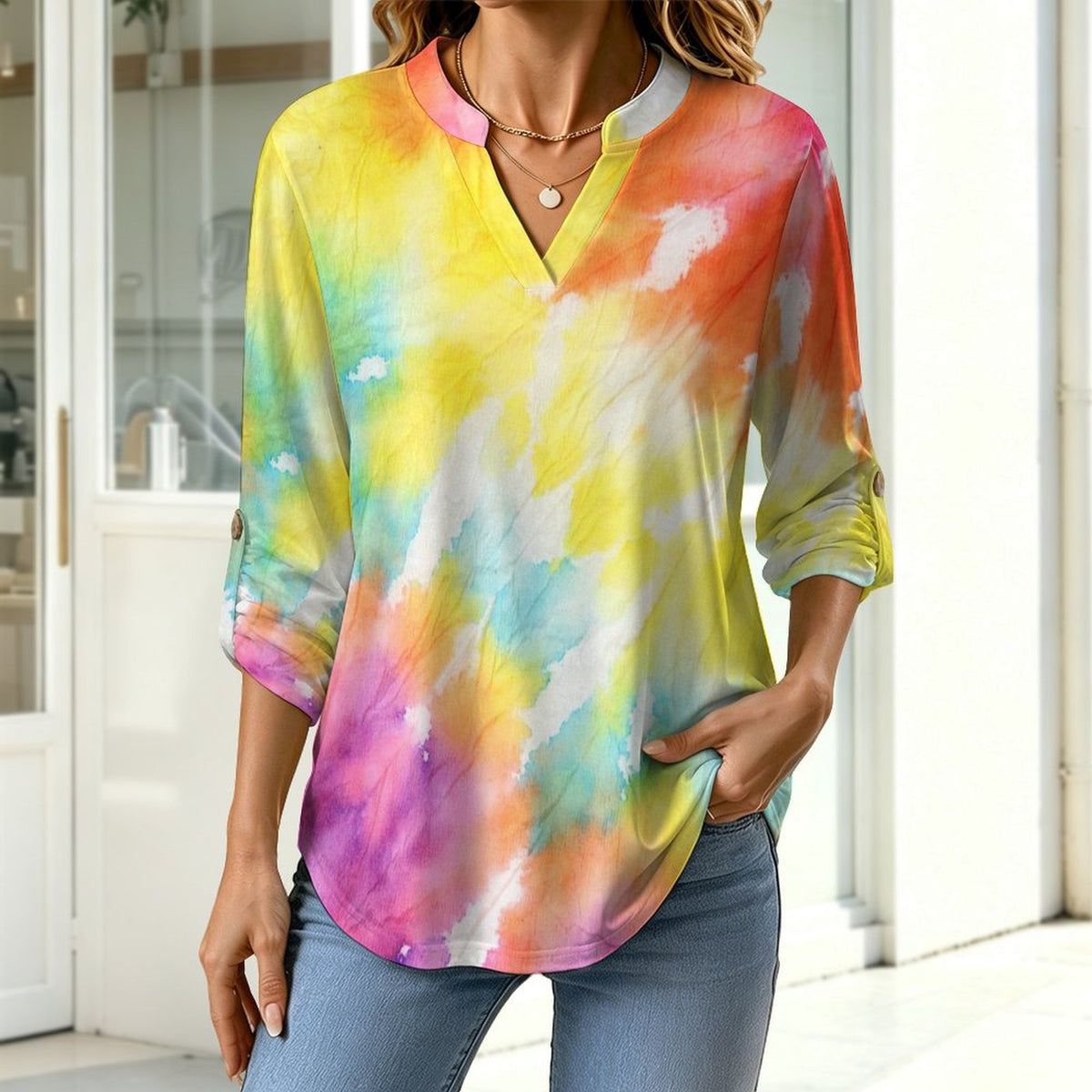 Tie Dyed Pattern Roll Tab 3/4 Sleeve Notched V Neck Tunic Blouse
