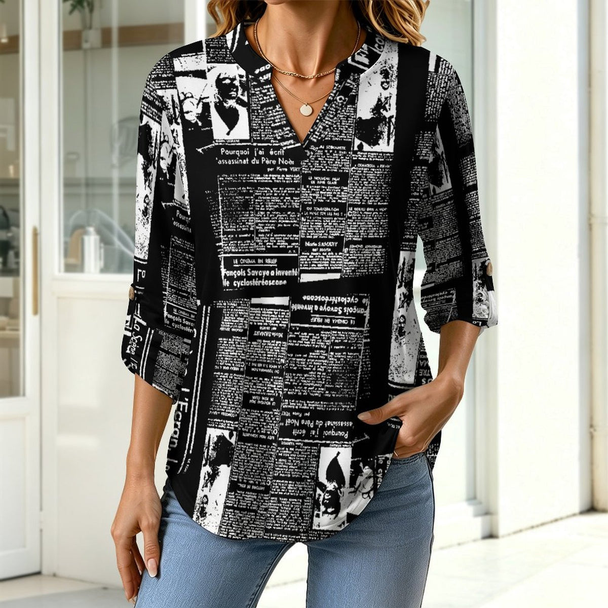 Stand-up Collar Long-sleeved Shirt Newspaper Vintage Dress white S Women’s V-Neck Blouses