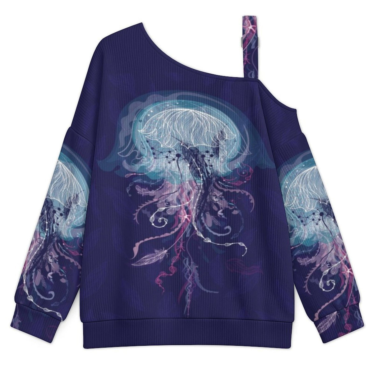 Off-the-shoulder Sweater Jellyfish  Asymmetric Cold Shoulder Knit Sweater for Women, Adjustable Buckle Strap Long Sleeve Casual Slouchy Pullover