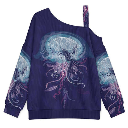 Off-the-shoulder Sweater Jellyfish  Asymmetric Cold Shoulder Knit Sweater for Women, Adjustable Buckle Strap Long Sleeve Casual Slouchy Pullover