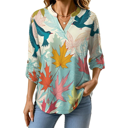 Stand-up Collar Long-sleeved Shirt Plant Bird Maple Leaves  Women’s V-Neck Blouses