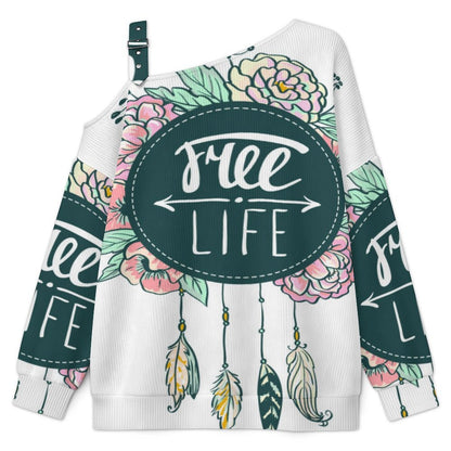 Off-the-shoulder Sweater Free Life  Asymmetric Cold Shoulder Knit Sweater for Women, Adjustable Buckle Strap Long Sleeve Casual Slouchy Pullover