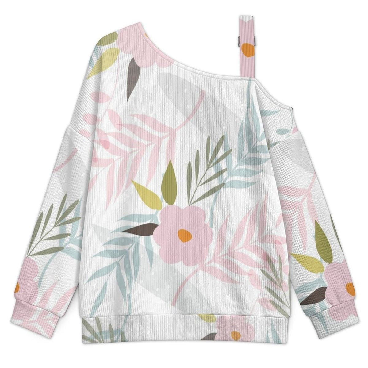 Off-the-shoulder Sweater Floral Pattern  Asymmetric Cold Shoulder Knit Sweater for Women, Adjustable Buckle Strap Long Sleeve Casual Slouchy Pullover