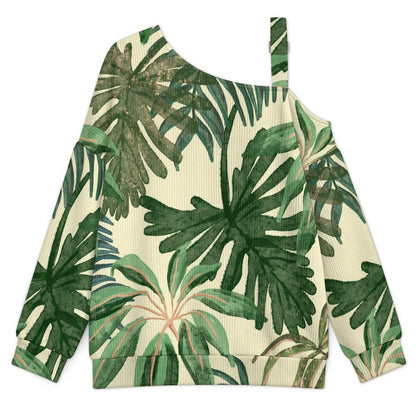 Ink Painting, Hemp Leaf Buckle Strap Asymmetrical Off Shoulder Knit Sweater