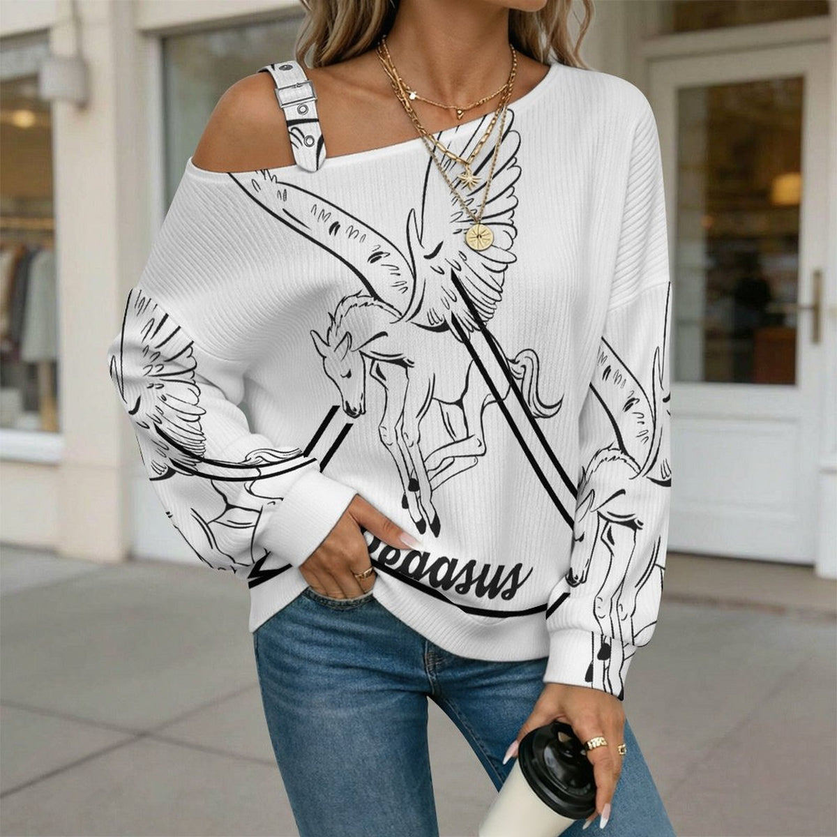 Off-the-shoulder Sweater Pegasus-Line-Triangle-Simple-Black  Asymmetric Cold Shoulder Knit Sweater for Women, Adjustable Buckle Strap Long Sleeve Casual Slouchy Pullover