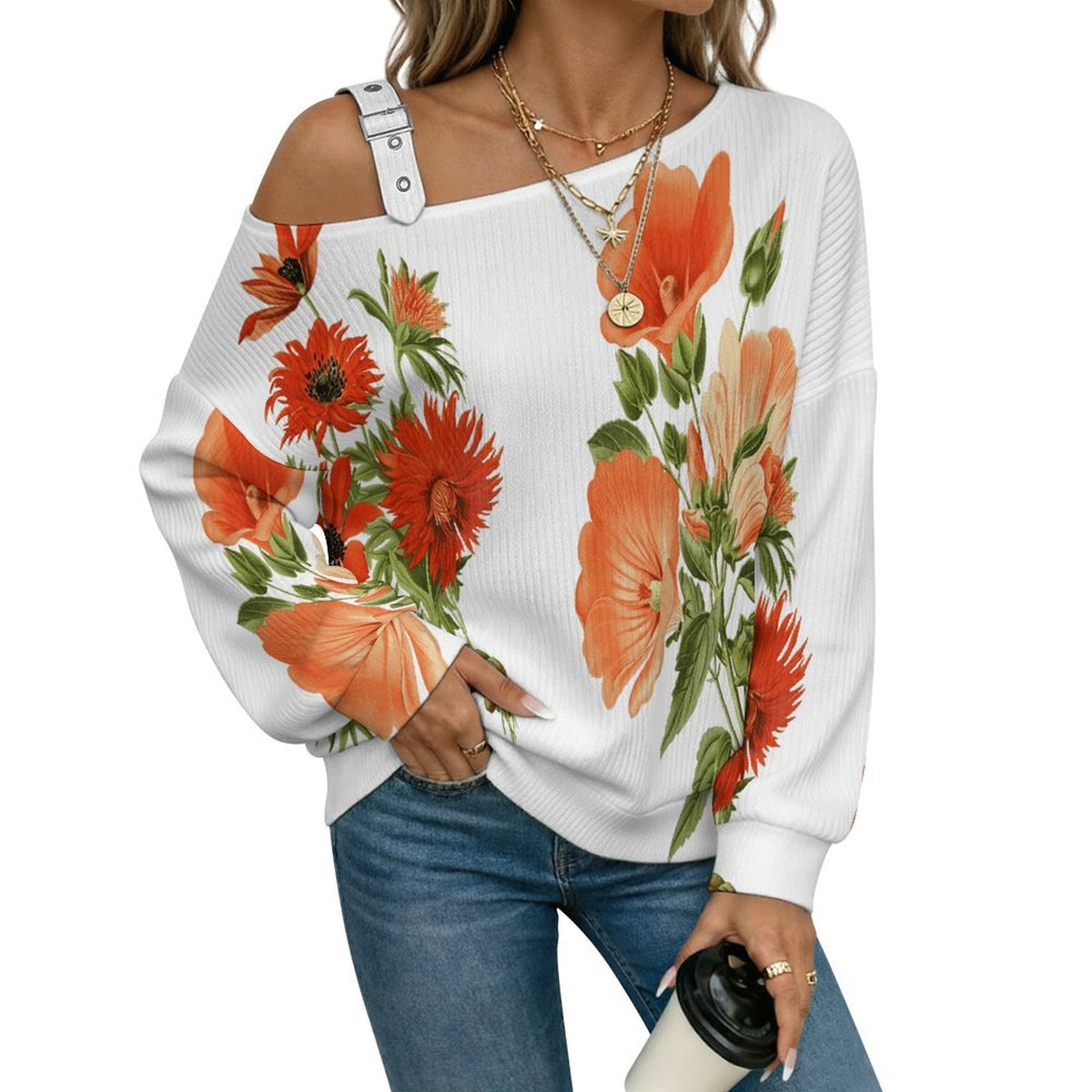 Off-the-shoulder Sweater Chrysanthemum  Asymmetric Cold Shoulder Knit Sweater for Women, Adjustable Buckle Strap Long Sleeve Casual Slouchy Pullover