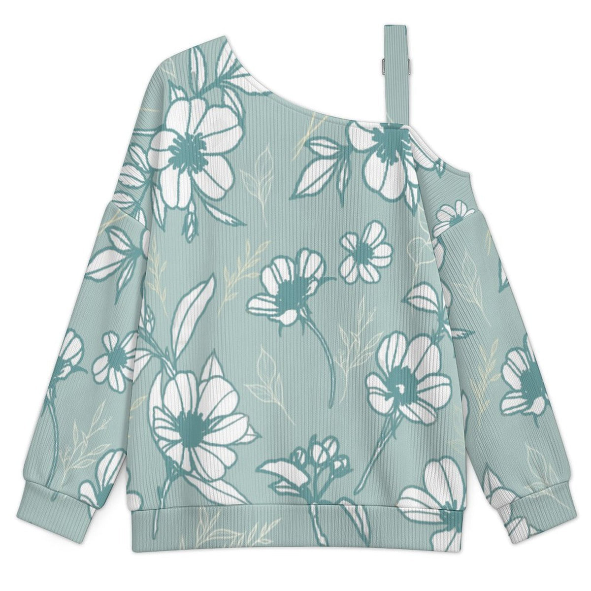 Off-the-shoulder Sweater Blue Elegant Flowers  Asymmetric Cold Shoulder Knit Sweater for Women, Adjustable Buckle Strap Long Sleeve Casual Slouchy Pullover