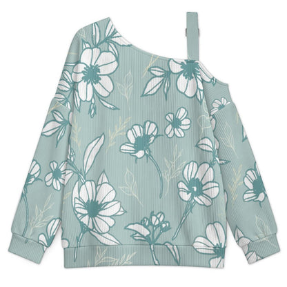 Off-the-shoulder Sweater Blue Elegant Flowers  Asymmetric Cold Shoulder Knit Sweater for Women, Adjustable Buckle Strap Long Sleeve Casual Slouchy Pullover
