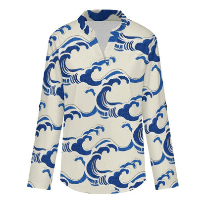 Stand-up Collar Long-sleeved Shirt Retro Wave Background  Customization Women’s V-Neck Blouses,long Sleeve,Roll-Up Sleeve Shirt