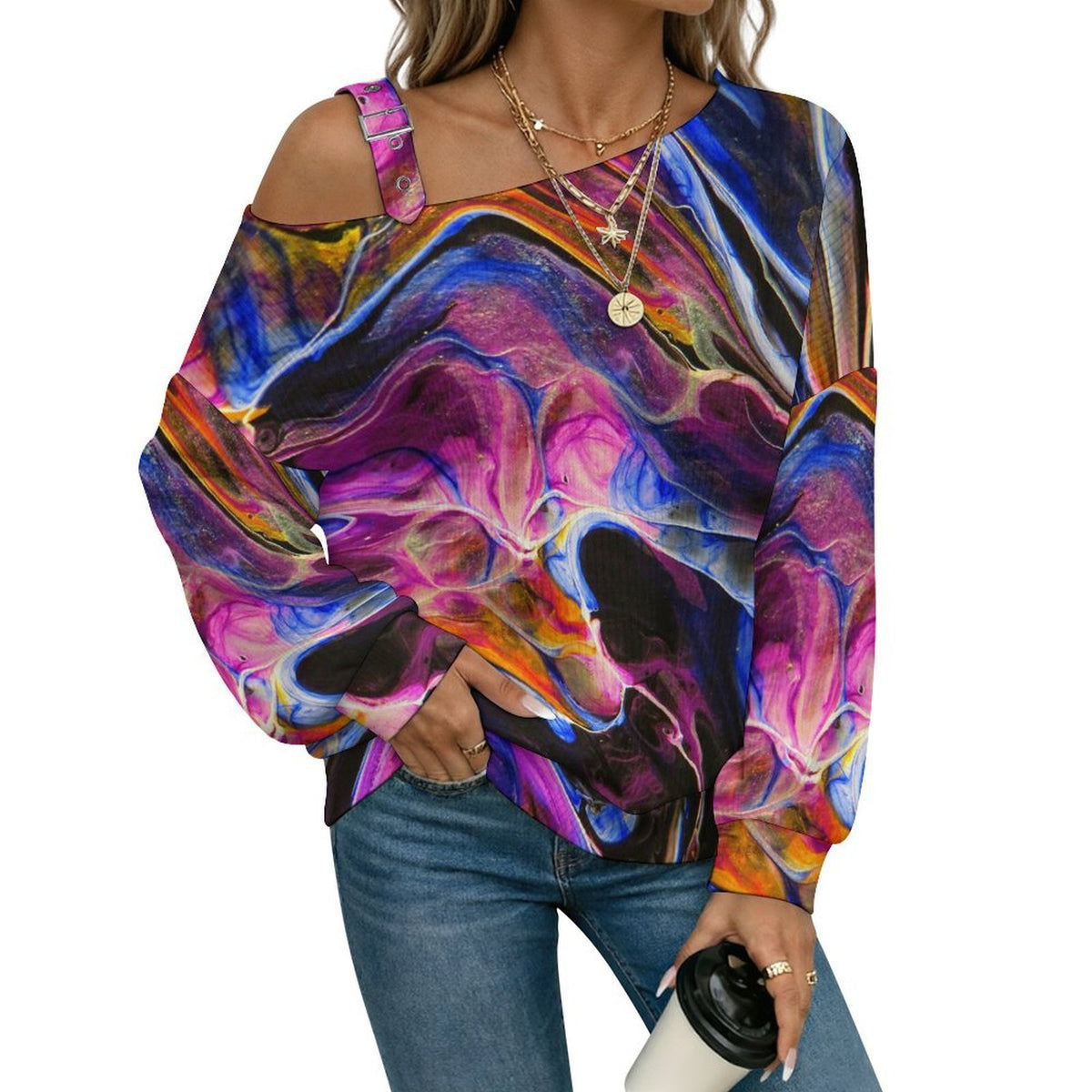 Off-the-shoulder Sweater Color Shading, Pattern, Abstract  Asymmetric Cold Shoulder Knit Sweater for Women, Adjustable Buckle Strap Long Sleeve Casual Slouchy Pullover