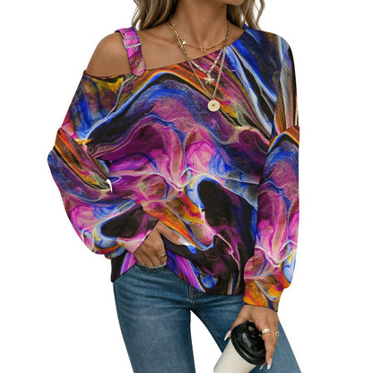 Off-the-shoulder Sweater Color Shading, Pattern, Abstract  Asymmetric Cold Shoulder Knit Sweater for Women, Adjustable Buckle Strap Long Sleeve Casual Slouchy Pullover