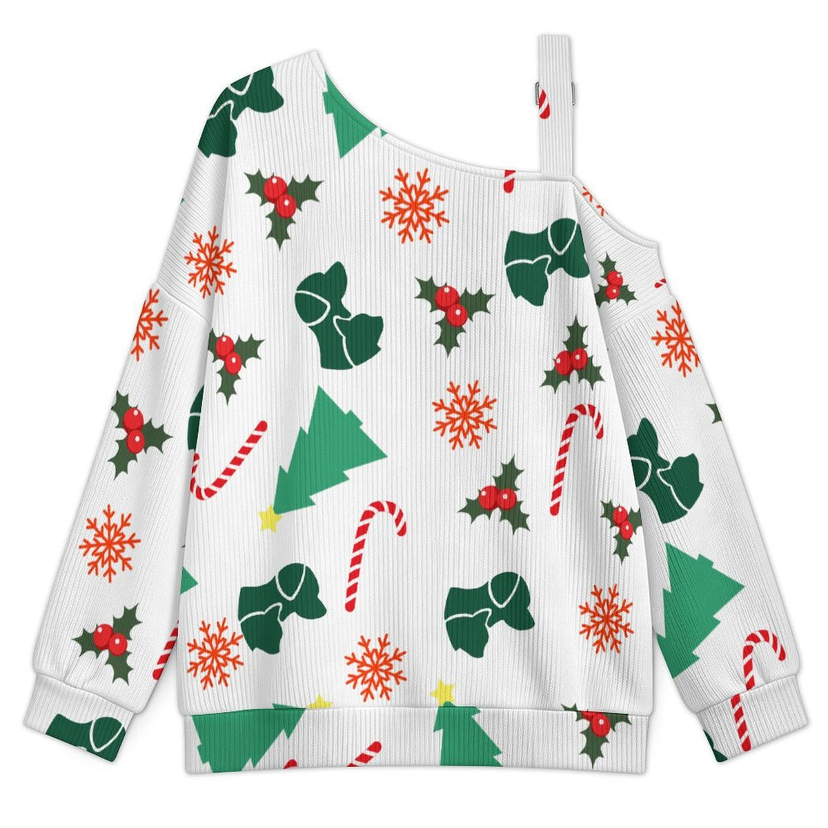 Off-the-shoulder Sweater Christmas Tree Dog Cat Candy Cane Snowflake Leaves  Asymmetric Cold Shoulder Knit Sweater for Women, Adjustable Buckle Strap Long Sleeve Casual Slouchy Pullover