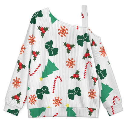 Off-the-shoulder Sweater Christmas Tree Dog Cat Candy Cane Snowflake Leaves  Asymmetric Cold Shoulder Knit Sweater for Women, Adjustable Buckle Strap Long Sleeve Casual Slouchy Pullover
