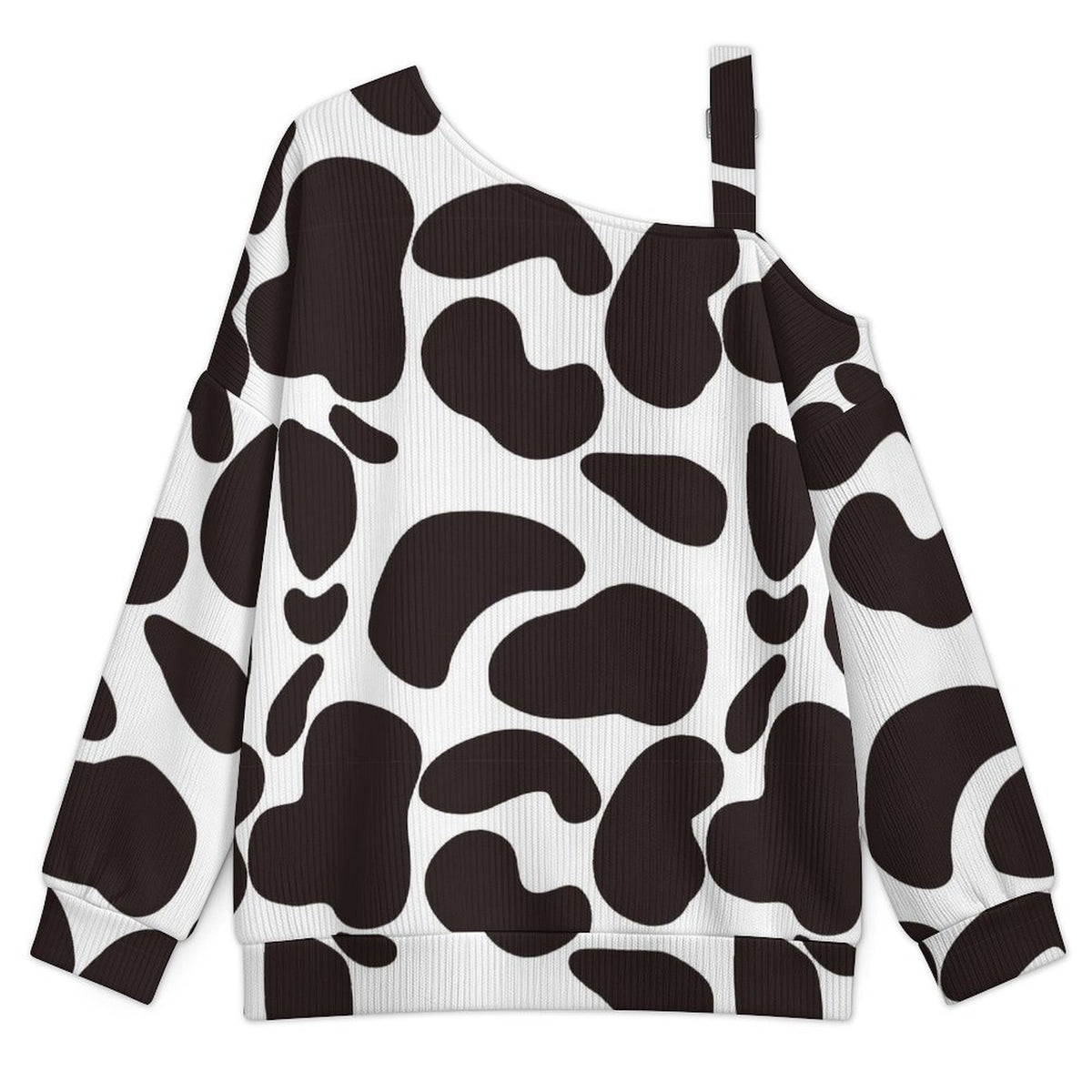 Off-the-shoulder Sweater Pattern-Cow-Black And White-Repeat  Asymmetric Cold Shoulder Knit Sweater for Women, Adjustable Buckle Strap Long Sleeve Casual Slouchy Pullover