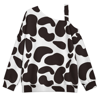 Off-the-shoulder Sweater Pattern-Cow-Black And White-Repeat  Asymmetric Cold Shoulder Knit Sweater for Women, Adjustable Buckle Strap Long Sleeve Casual Slouchy Pullover