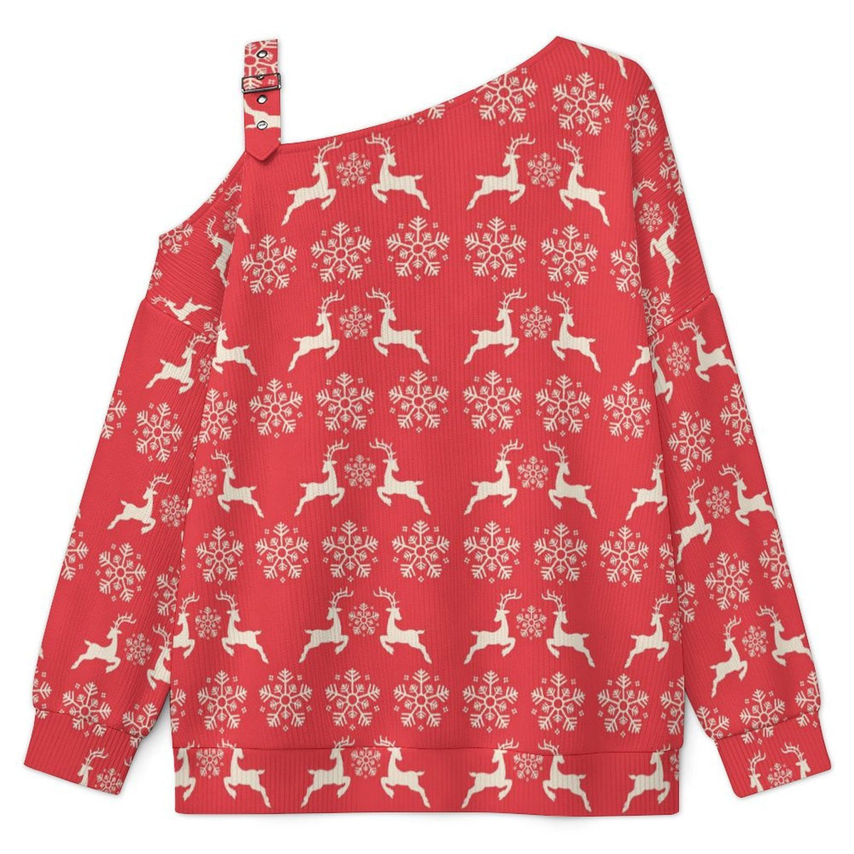 Off-the-shoulder Sweater Christmas-snowflake-reindeer-red-tiled-repeat  Asymmetric Cold Shoulder Knit Sweater for Women, Adjustable Buckle Strap Long Sleeve Casual Slouchy Pullover