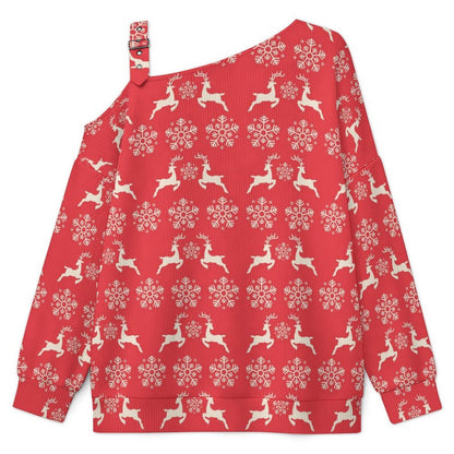 Off-the-shoulder Sweater Christmas-snowflake-reindeer-red-tiled-repeat  Asymmetric Cold Shoulder Knit Sweater for Women, Adjustable Buckle Strap Long Sleeve Casual Slouchy Pullover